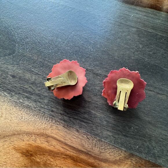 Vintage Orange Earrings Clip On Round Floral With Gold Beads Detail Retro - Picture 5 of 7